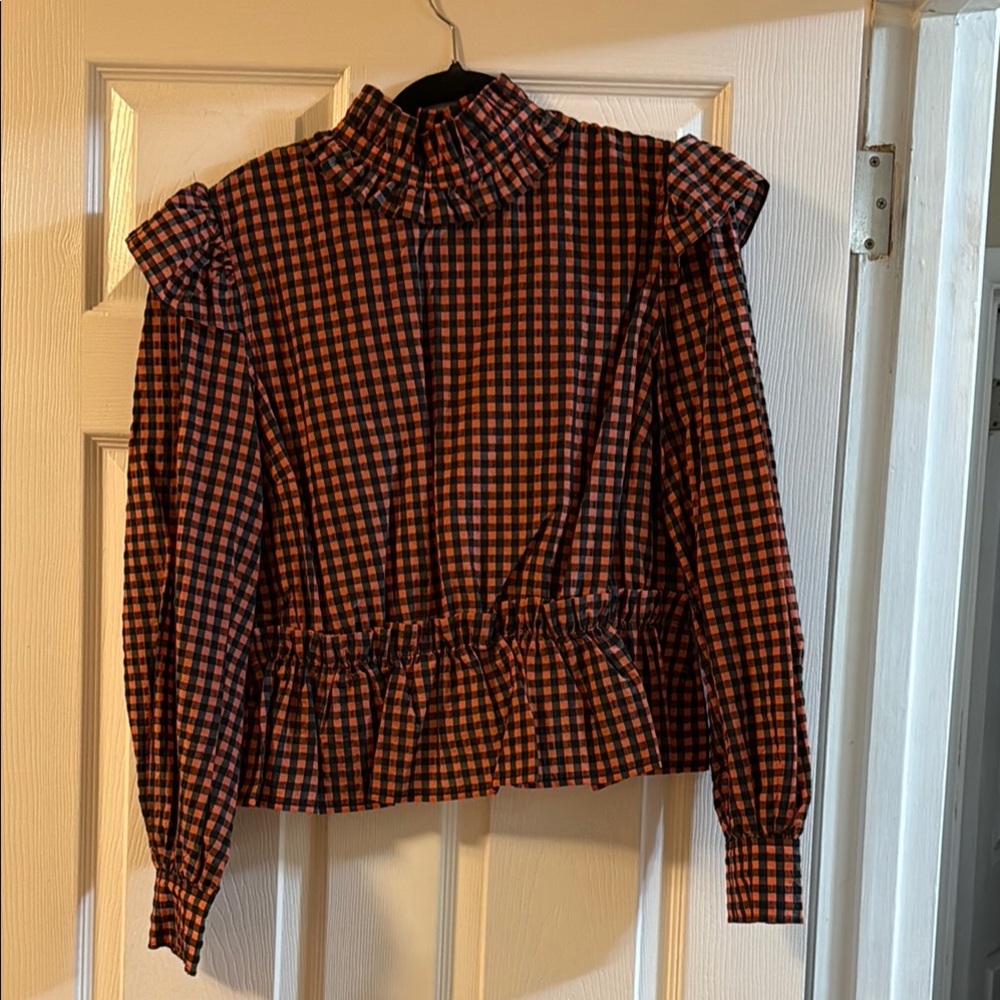 Plaid Ruffle Long Sleeve Blouse